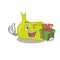 Joyful pituitary cartoon character with a big gift box