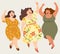 Joyful plump ladies, females in sundresses dancing, savoring life. Embodying no diet day, body positivity, women day