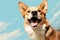 Joyful Pooch: Playful Canine on a Soft Blue Canvas. Generative AI