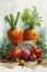 Joyful produce: cartoon characters, happy cute vegetables, and fruits holding a sign 'Eating Us.' A whimsical