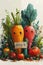 Joyful produce: cartoon characters, happy cute vegetables, and fruits holding a sign 'Eating Us.' A whimsical
