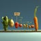 Joyful produce: cartoon characters, happy cute vegetables, and fruits holding a sign 'Eating Us.' A whimsical