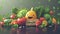 Joyful produce: cartoon characters, happy cute vegetables, and fruits holding a sign 'Eating Us.' A whimsical