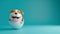 A joyful puppy emerging from an Easter egg with its tongue playfully sticking out. on teal background.