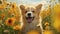 A joyful puppy playing in a field of wildflowers, its tail wagging in delight