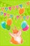 Joyful rabbit and balloons. Confetti stars, flags and garlands. Happy Birthday. Vector illustration