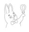 Joyful rabbit with a bow holding a light bulb with an exclamation mark symbol on its paw. Emotion expression