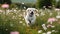 A joyful ride through a flower-filled meadow, accompanied by a loyal dog