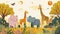 Joyful Safari Friends in a Whimsical Jungle: Playful Lion, Giraffe, Elephant, and Flora.