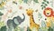 Joyful Safari Friends in a Whimsical Jungle: Playful Lion, Giraffe, Elephant, and Flora.