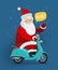 Joyful Santa Claus rides a retro scooter. Christmas or new year concept. Cartoon vector illustration