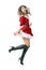 Joyful Santa girl jumping in mid air.