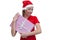Joyful Santa helper with pink present box