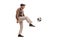 Joyful senior man kicking a football