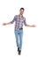 Joyful smart casual man stepping and making a greeting gesture