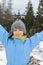 Joyful smiling child breathing life, nature, cold winter and snow