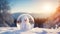 Joyful Snowman in Christmas Bauble on a Winter Morning with a Snowy Mountain Background, Holiday Greeting Card, Ai generative