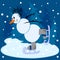 Joyful Snowman skates on a background of blue Christmas trees, it is snowing