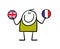 Joyful stickman holds two balloons with flags of Great Britain and France in his hands. Vector illustration translator