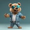 Joyful, stylish 3D bear character with full body, donning apparel and shades, against a backdrop. Generative AI