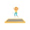 Joyful teenage girl jumping on square trampoline mat with hands up. Active leisure. Flat vector design