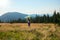 Joyful teenage girl runs along the alpine meadow with a waving s