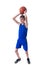 Joyful teenager holding a ball for basketball over his head. Is