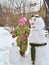 The joyful three-year-old girl costs near a snowman