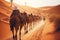 Joyful Tourist on Group Camel Ride in Desert