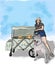 joyful Urban Stroll,Woman, and Her Beagle, Poodle, and Siberian Husky,in the cart, Painted in Colorful Artwork, on White