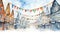 Joyful Watercolor Christmas Bunting Strung Across a Snowy Festive Market Square AI Generated