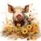 Joyful Watercolor Pig Rolling in the Mud Surrounded by Vibrant Sunflowers AI Generated