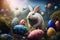 Joyful white bunny jumping with colorful easter eggs background, Happy Easter Concept. Generative Ai