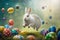 Joyful white bunny jumping with colorful easter eggs background, Happy Easter Concept. Generative Ai