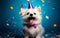 Joyful white fluffy dog with a shiny party hat and purple bow tie celebrating with colorful confetti on a cheerful blue background