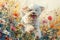 Joyful white puppy bounding through a vibrant watercolor flower field