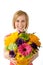 Joyful woman offers bouquet