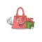 Joyful women handbag cartoon character with a big gift box