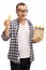 Joyful young man eating potato chips