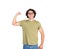 Joyful young man flexing one hand biceps, imagine superpower. Nerd guy wears eyeglasses shows his muscle strength, smiling