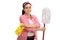 Joyful young woman holding a pair of cleaning gloves and a mop