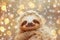 A joyous baby sloth enveloped in warm golden lights