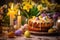 A joyous Easter cake taking center stage on a festively decorated table, surrounded by candles and fresh spring blossoms