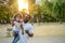 Joyous father and his daughter involved in the bubble game