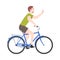 Joyous Man Riding Bicycle and Waving Hand Enjoying Vacation or Weekend Activity Vector Illustration
