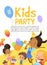 Joyous Multiracial kids in birthday hats and balloons happily jump. Cute rabbits, a bunch of presents on the background