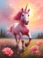 A joyous pink unicorn in a flower meadow. Impressionism style oil painting.