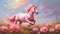 A joyous pink unicorn in a flower meadow. Impressionism style oil painting.