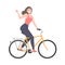 Joyous Woman Riding Bicycle and Waving Hand Enjoying Vacation or Weekend Activity Vector Illustration