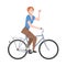Joyous Woman Riding Bicycle and Waving Hand Enjoying Vacation or Weekend Activity Vector Illustration